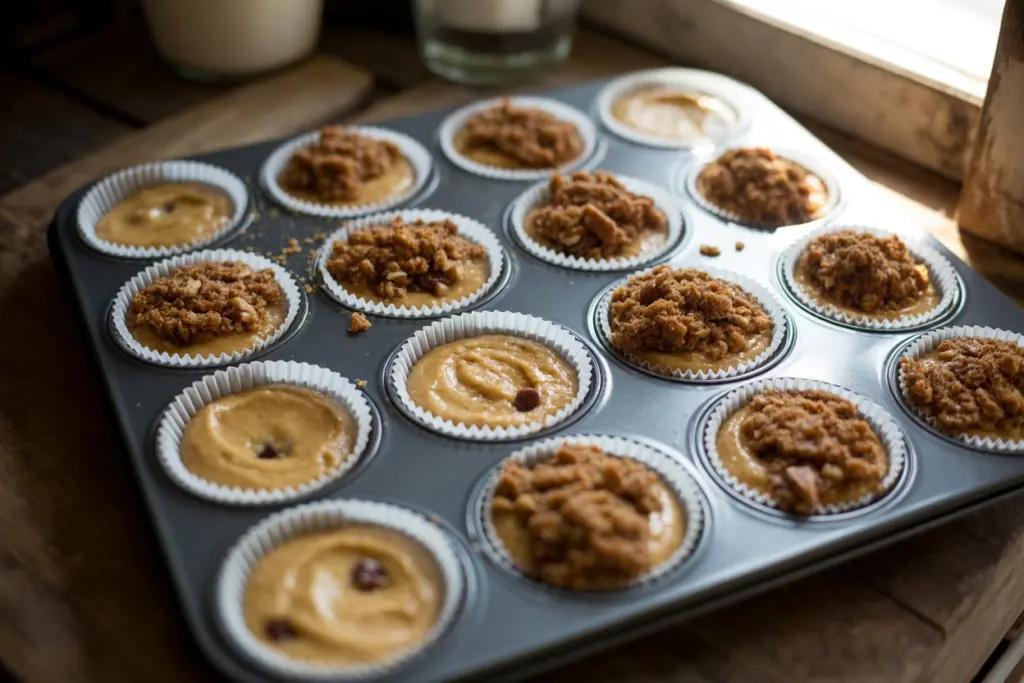 Moist Apple Cinnamon Muffins with Crumb Topping Recipe 9 Muffin tin filled with apple batter and streusel