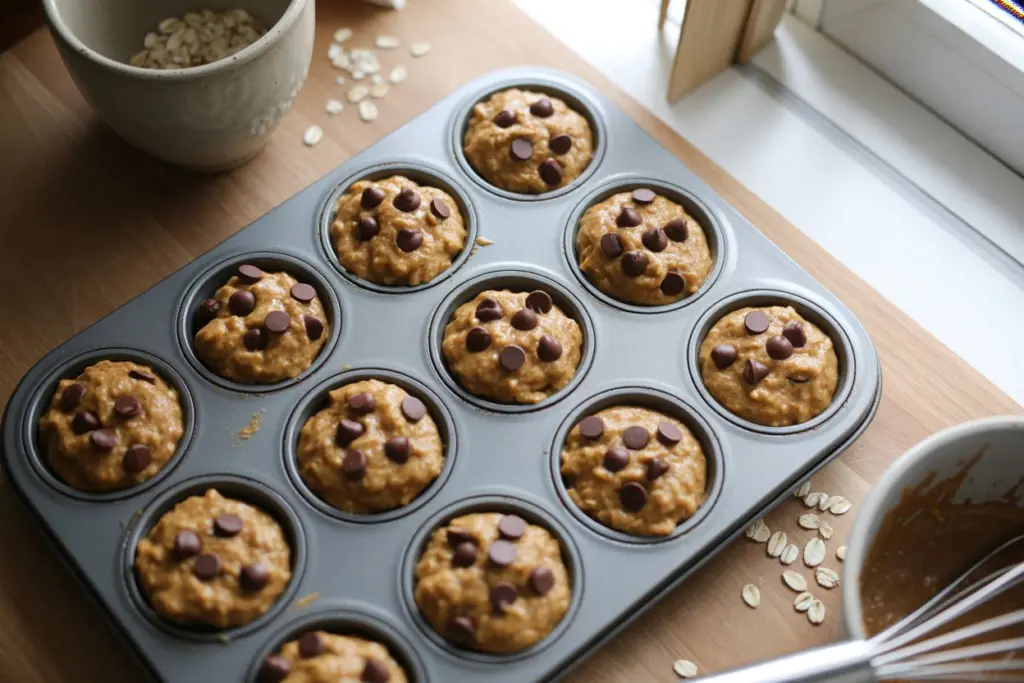 Breakfast Baked Pumpkin Chocolate Chip Oatmeal Cups 8 pumpkin oatmeal cups batter in muffin tin ready to bake