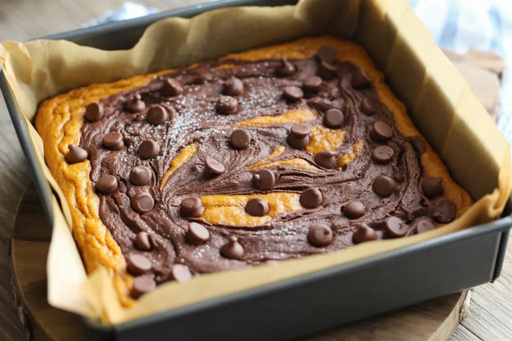 Fudgy Pumpkin Bars with Chocolate Swirl Recipe 6 Freshly baked pumpkin bars with rich chocolate swirl