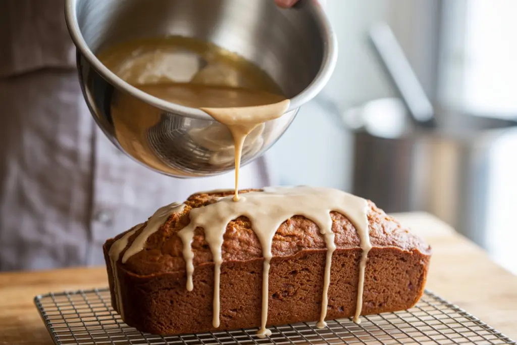 Pumpkin Bread with Cinnamon Glaze Recipe 8 Finished Glazed Loaf Cooling on Rack