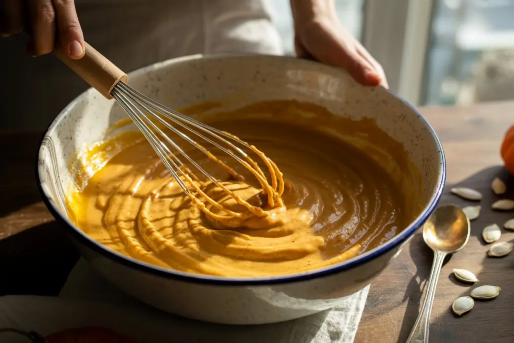 Mixing pumpkin filling in bowl for crisp
