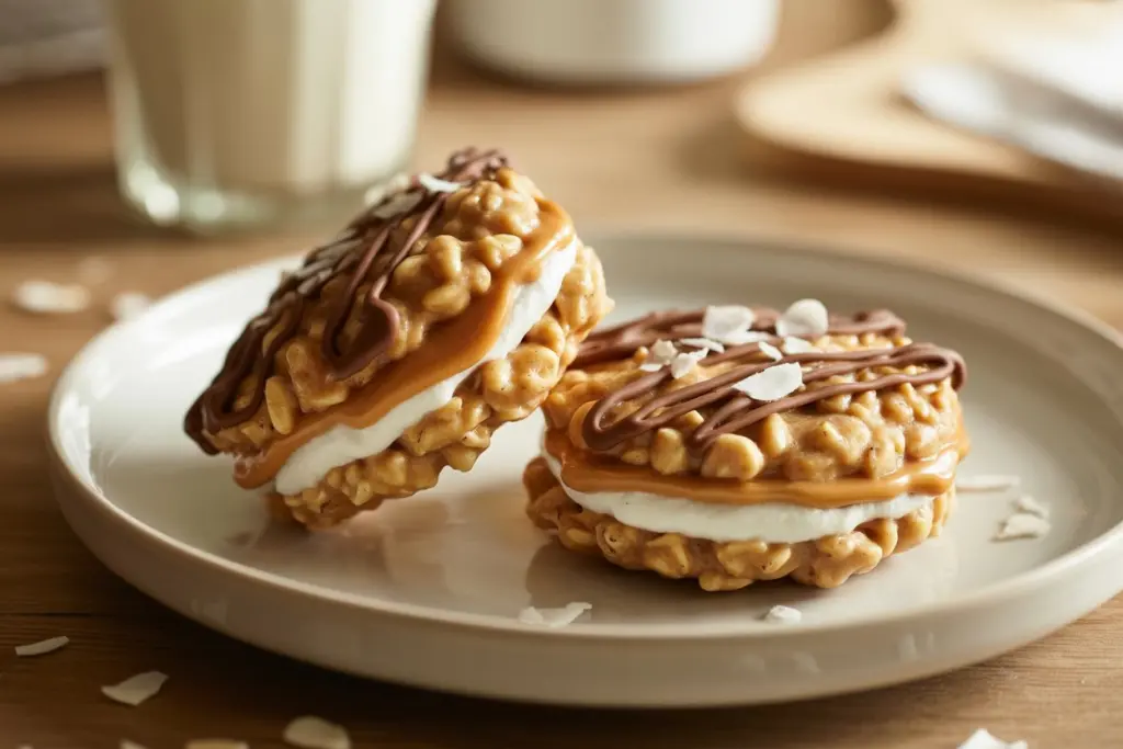Easy, No-Bake Peanut Butter Oatmeal Sandwich Cookies 11 Served oatmeal sandwich cookies with milk