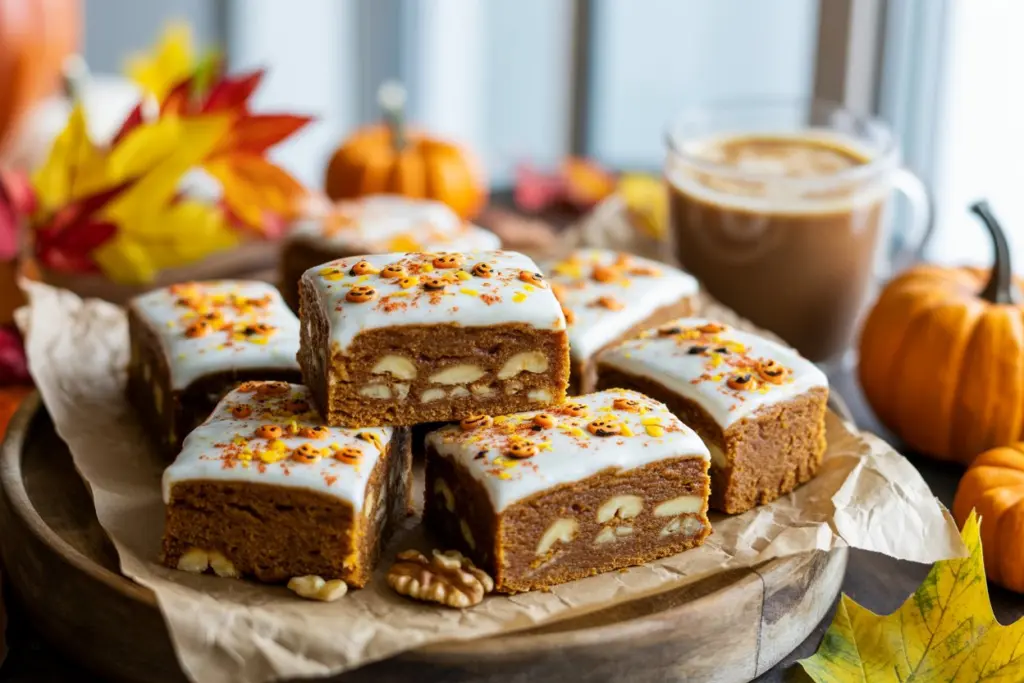 Pumpkin spice bars served on fall dessert table