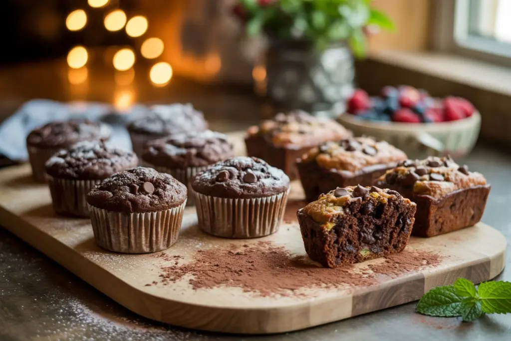 double chocolate zucchini muffins and  double chocolate zucchini mini loaves 