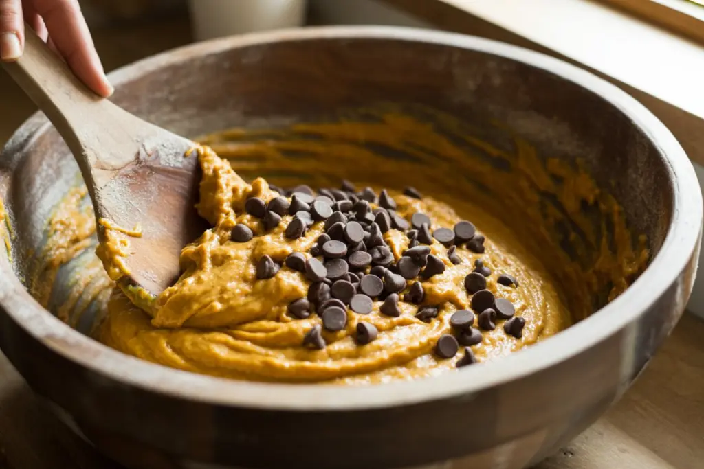 Mixing pumpkin chocolate chip muffin batter with chocolate chips