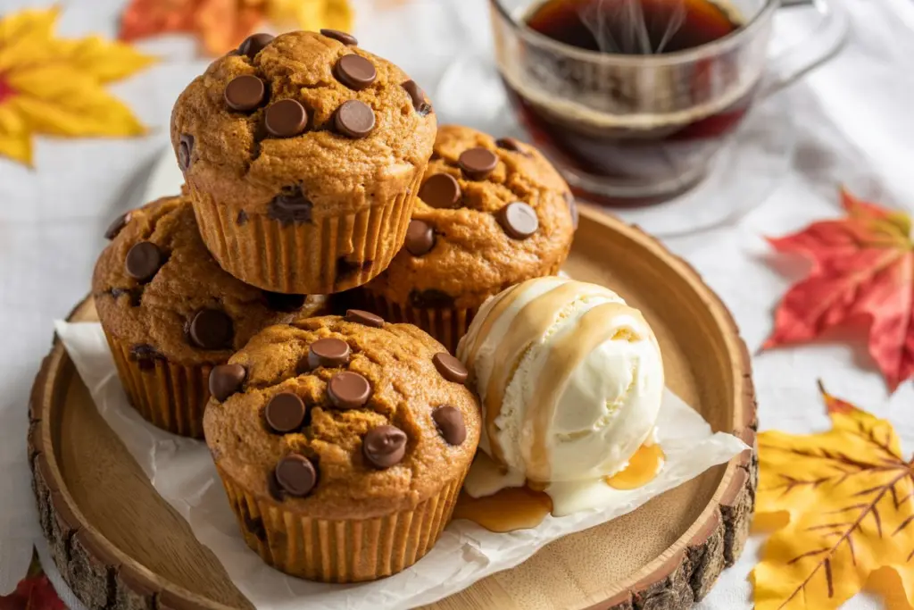Pumpkin chocolate chip muffins served with coffee