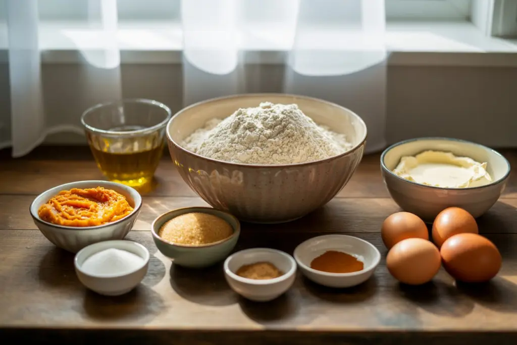 Pumpkin spice bar ingredients on wooden counter