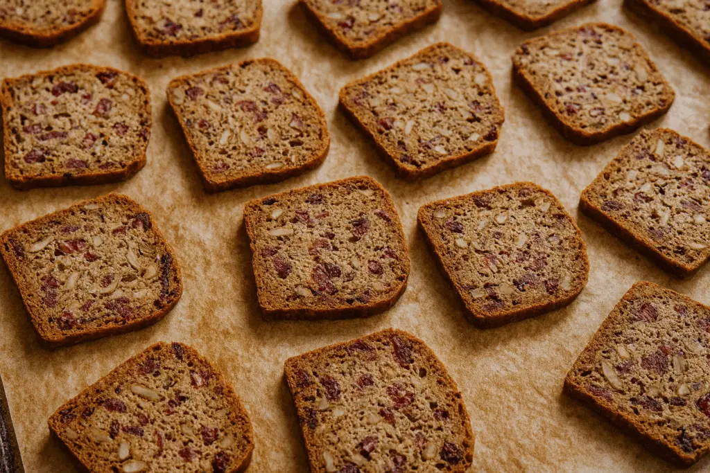 Thin-sliced crackers baking until crisp