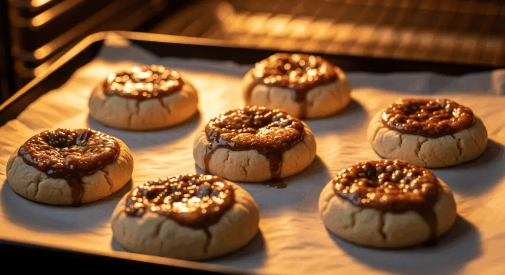 Maple Pecan Pie Cookies Recipe 8 Maple pecan pie cookies mid-bake on tray