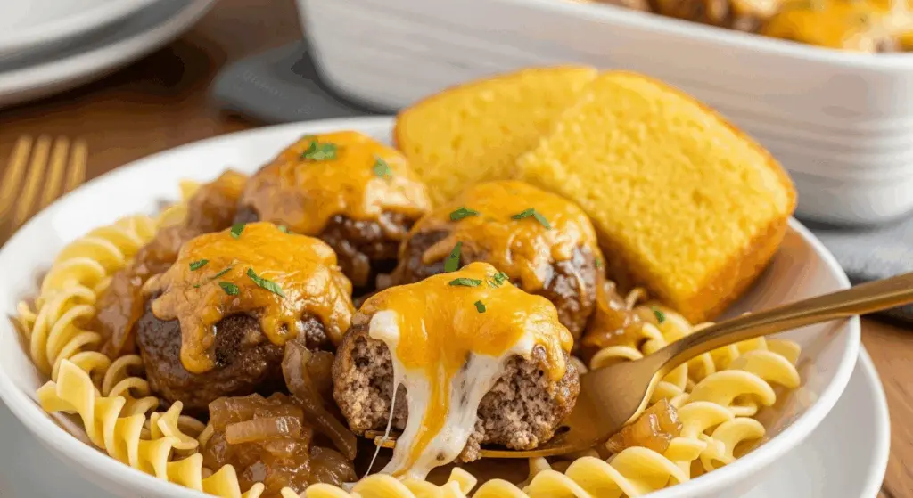 Slow Cooker French Onion Meatballs Recipe 8 French onion meatballs served over egg noodles