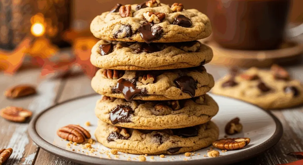 Pecan Chocolate Chips Cookies 8 Stack of pecan chocolate chip cookies warm