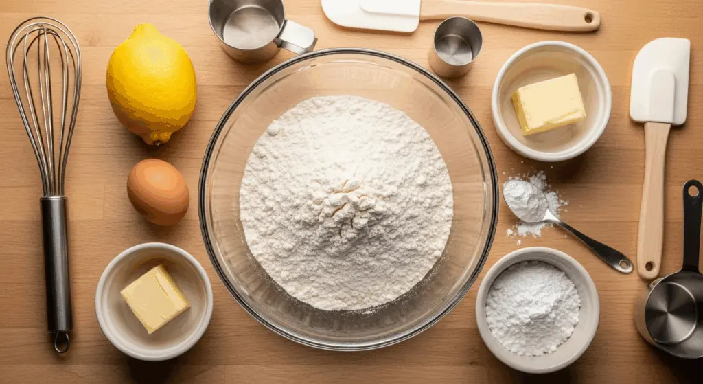 Easy Lemon Crinkle Cookies Recipe 5 lemon crinkle cookie ingredients laid out