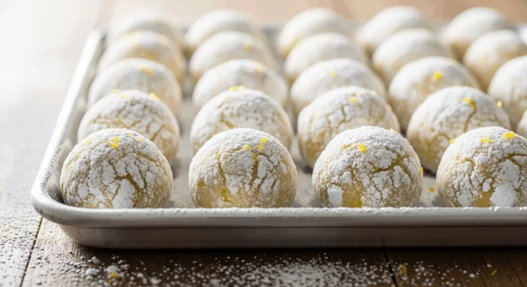 Easy Lemon Crinkle Cookies Recipe 7 lemon crinkle cookie dough on baking tray