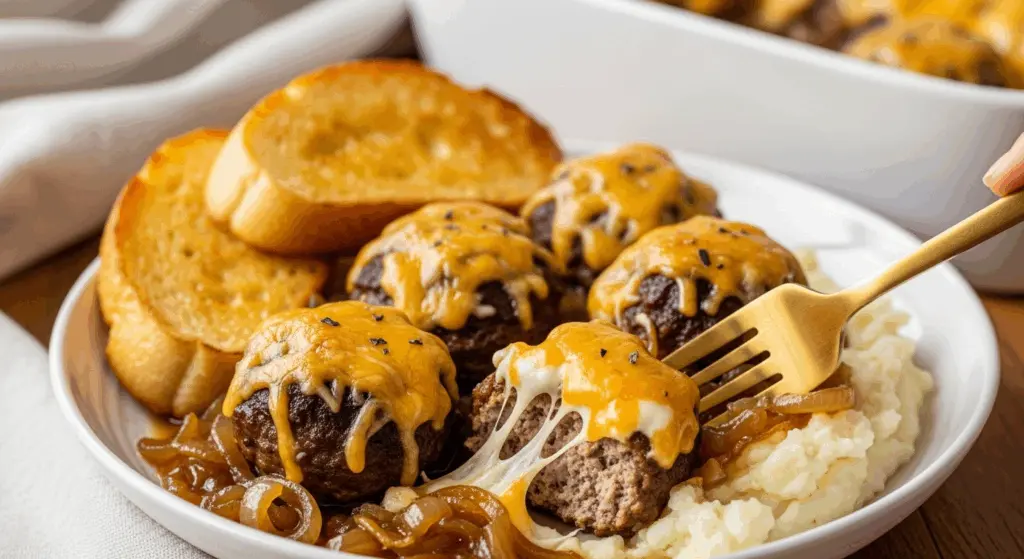 Slow Cooker French Onion Meatballs Recipe 9 French onion meatballs served over mashed potatoes
