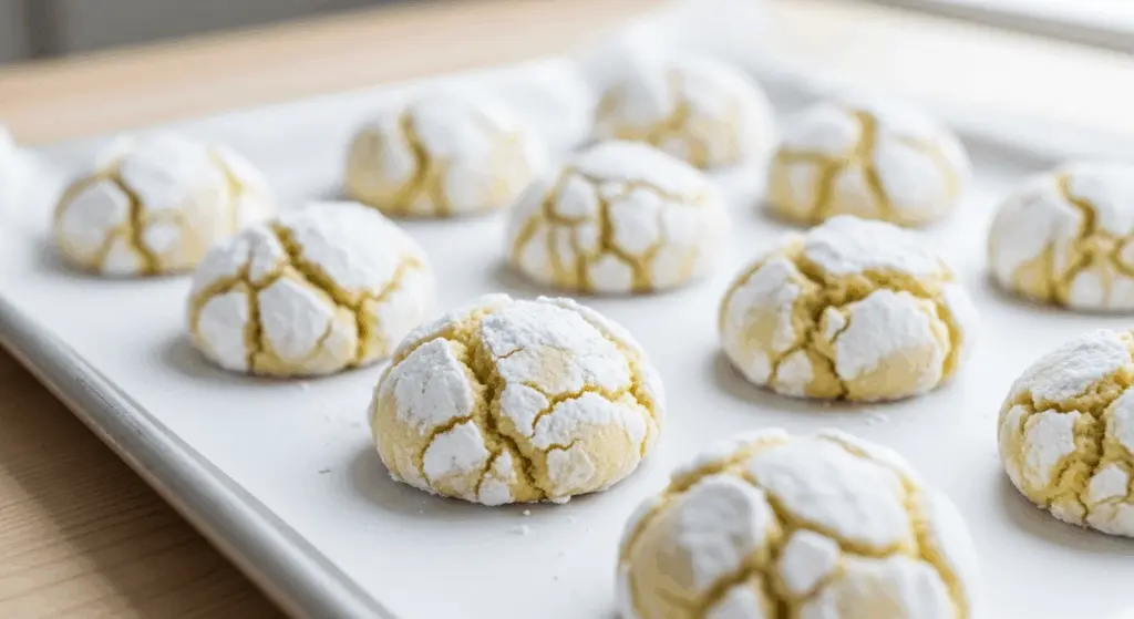 Easy Lemon Crinkle Cookies Recipe 8 Freshly baked Lemon crinkle cookies lined on a baking tray