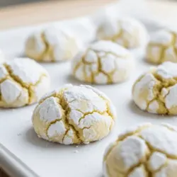 Freshly baked Lemon crinkle cookies lined on a baking tray