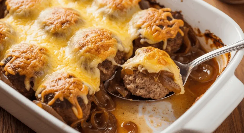 Slow Cooker French Onion Meatballs Recipe 7 Baking dish of French onion meatballs