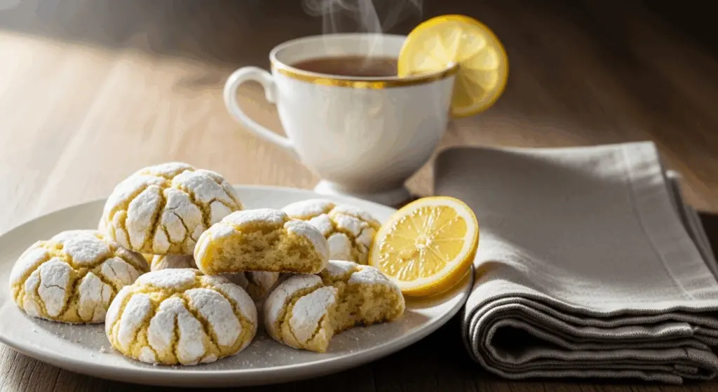 Easy Lemon Crinkle Cookies Recipe 2 lemon crinkle cookies served with tea
