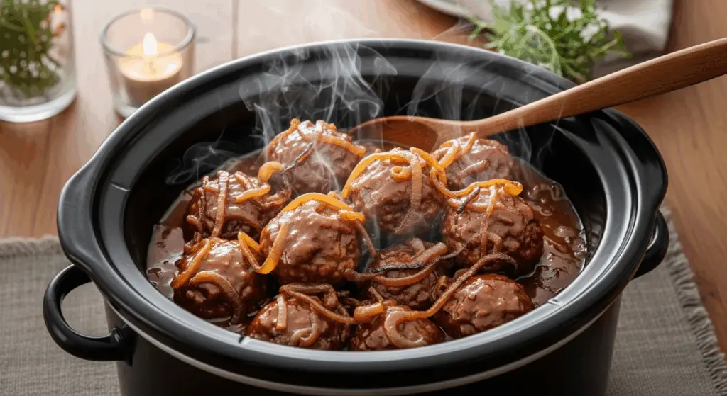 Slow Cooker French Onion Meatballs Recipe 5 French onion meatballs cooking in slow cooker