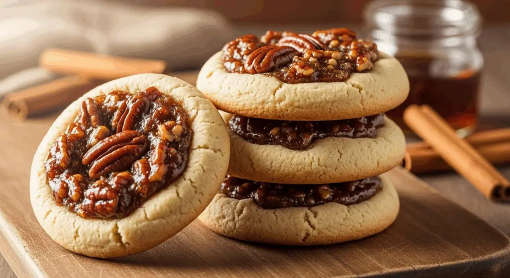 Maple Pecan Pie Cookies Recipe 2 Maple pecan pie cookies with gooey filling on wooden board