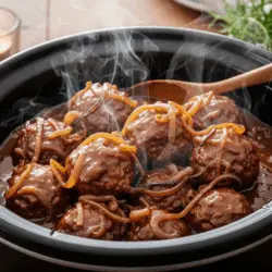French onion meatballs cooking in slow cooker