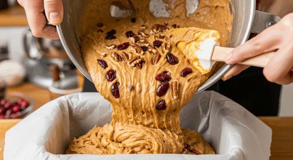 Cranberry Pecan Pumpkin Bread Recipe 7 cranberry pecan pumpkin bread batter poured into a parchment-lined loaf pan