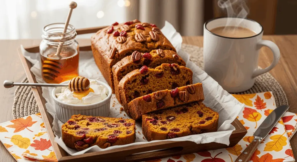 Cranberry Pecan Pumpkin Bread Recipe 9 Sliced cranberry pecan pumpkin bread with toppings