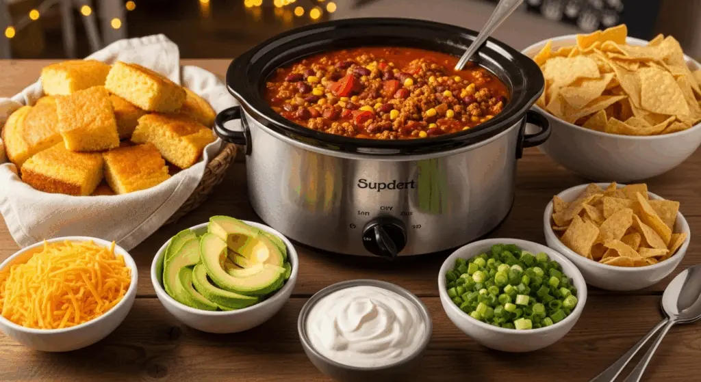 Easy, Healthy Crockpot Turkey Chili Recipe 7 Partie Chili bar with toppings