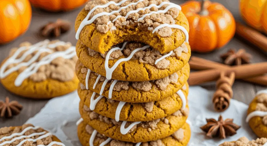 Coffee Cake Pumpkin Cookies 2 Pumpkin cookies served with fall decorations and spices