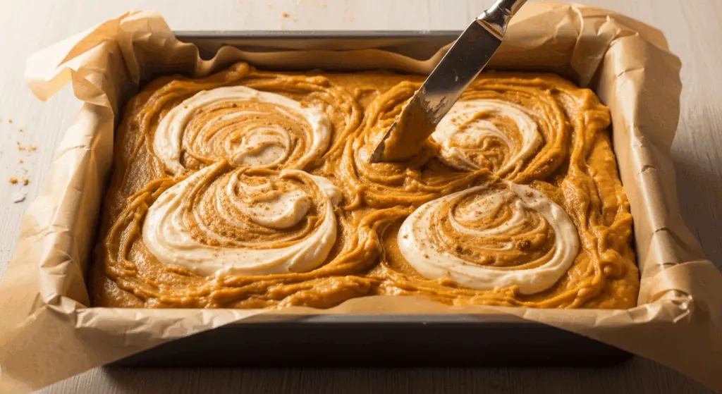 Swirled Cheesecake Pumpkin Bars Recipe 5 Swirled cheesecake pumpkin bars plated with fall decor