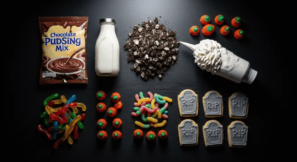 Halloween Dirt Cups (Easy & Quick Recipe) 4 Halloween Dirt Cup ingredients laid out