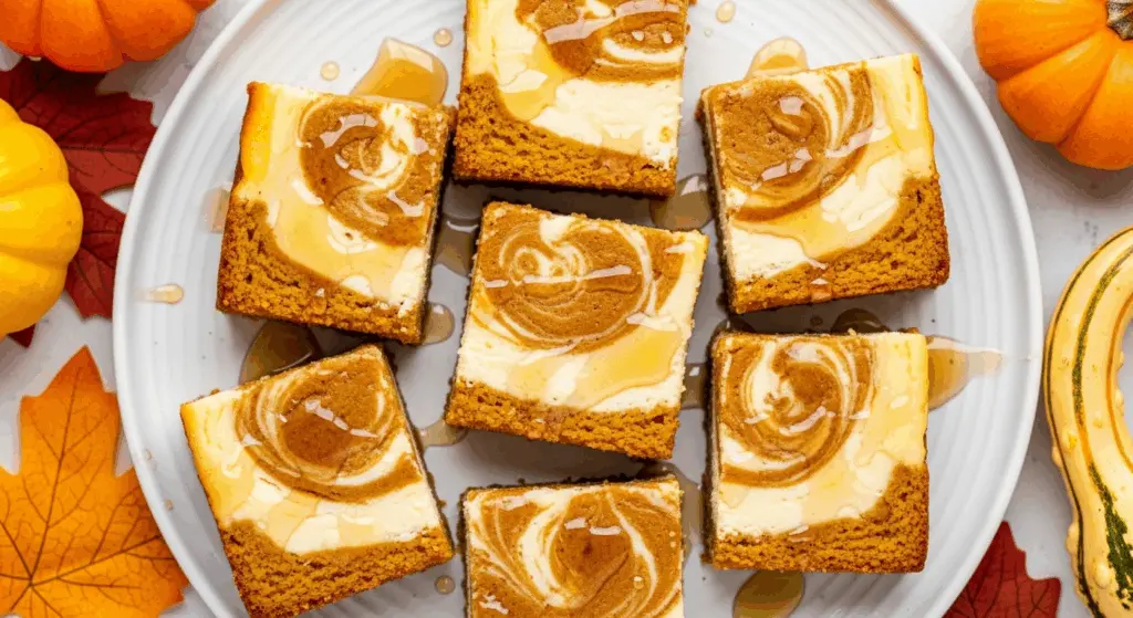 Swirled Cheesecake Pumpkin Bars Recipe 7 Swirled cheesecake pumpkin bars plated with fall decor