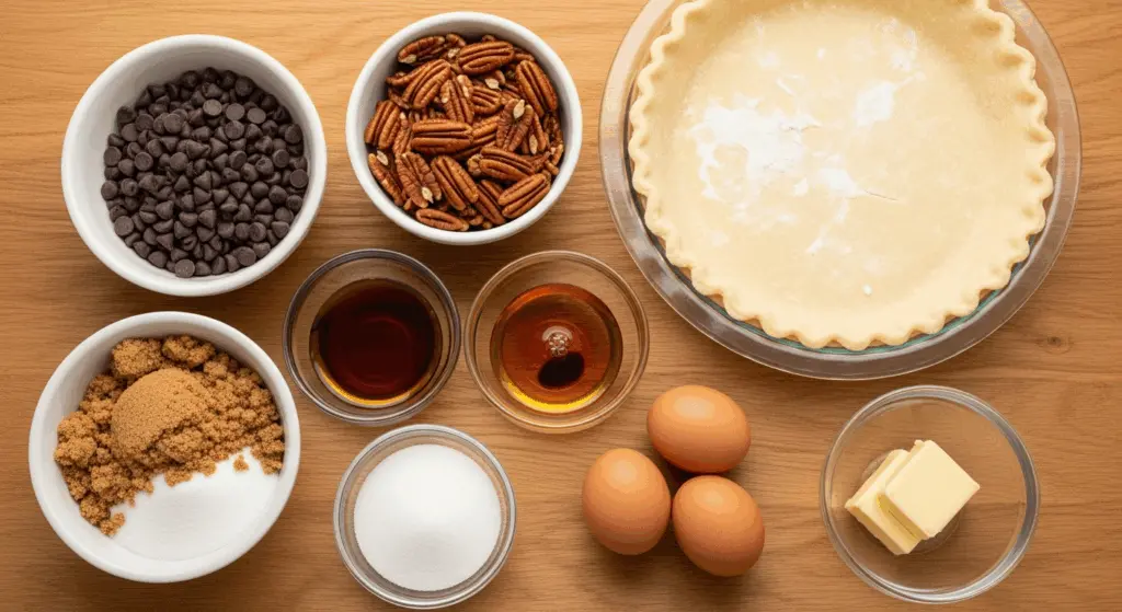 chocolate pecan pie ingredients laid out
