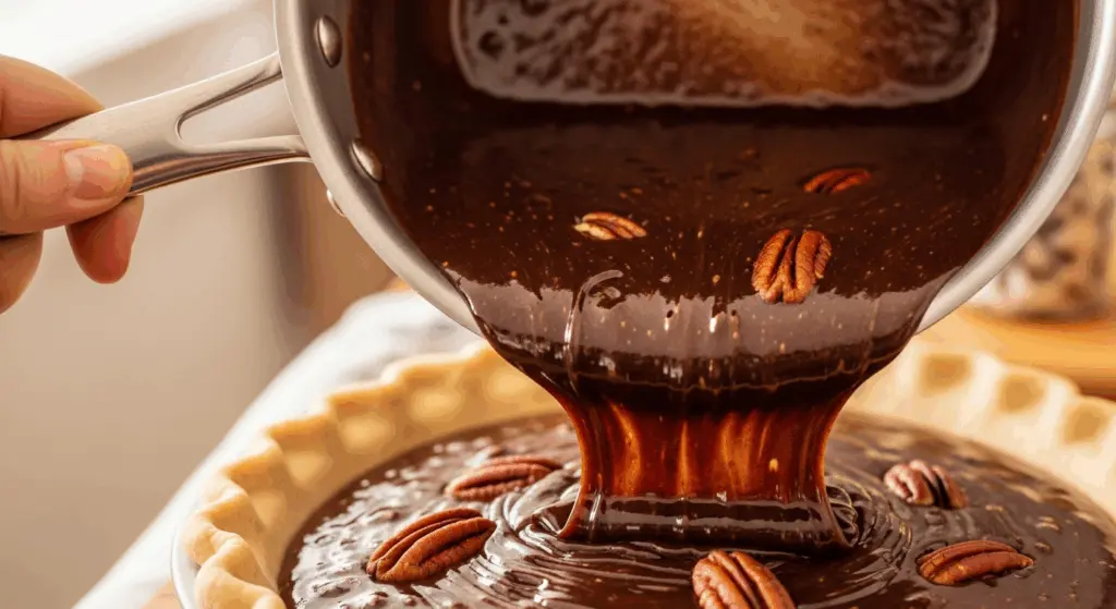 pouring chocolate pecan pie filling into crust