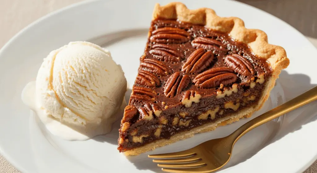 chocolate pecan pie slice with vanilla ice cream