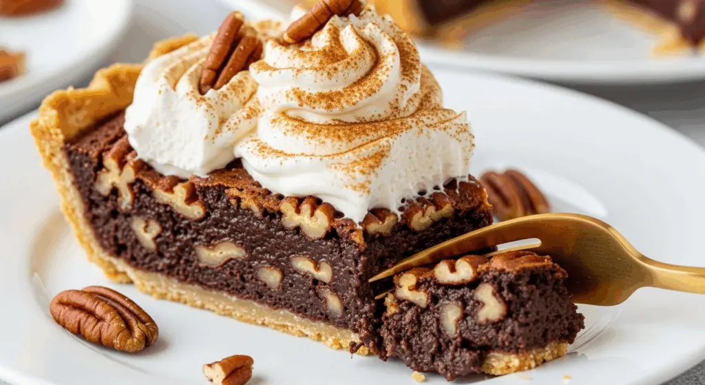 chocolate pecan pie slice with cinnamon-spiced whipped cream