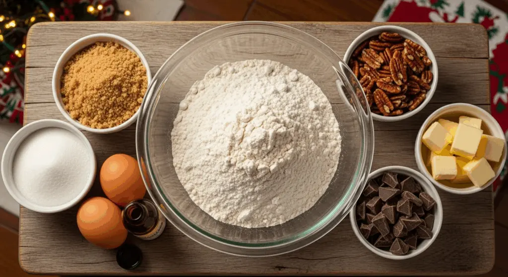 Pecan Chocolate Chips Cookies 5 Pecan chocolate chip cookie ingredients flat lay