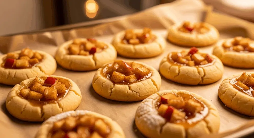 Apple Pie Thumbprint Cookies Recipe 6 Freshly baked apple pie thumbprint cookies on baking tray