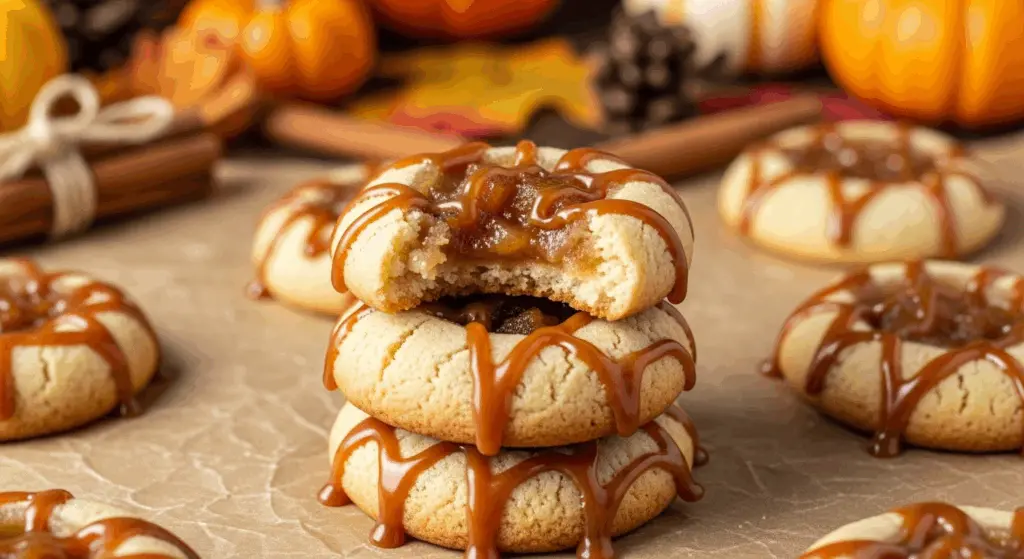 Apple Pie Thumbprint Cookies Recipe 7 Stack of three apple pie thumbprint cookies drizzled with caramel