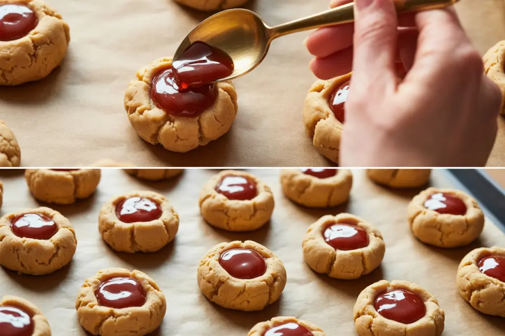 Peanut Butter and Jelly Cookies 8 peanut butter cookies being prepared