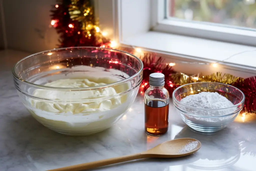Red Velvet Snowball Cookies - Christmas Cookies Recipe 5 Cream Cheese Filling ingredients arranged on counter