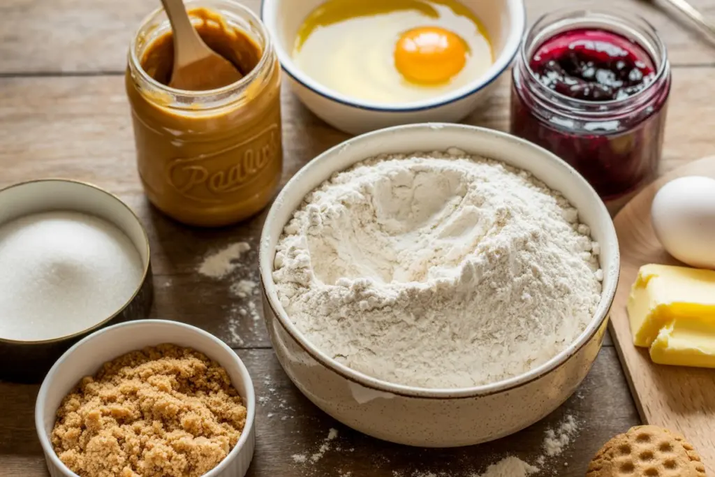 Peanut Butter and Jelly Cookies 5 peanut butter and jelly cookie ingredients layout