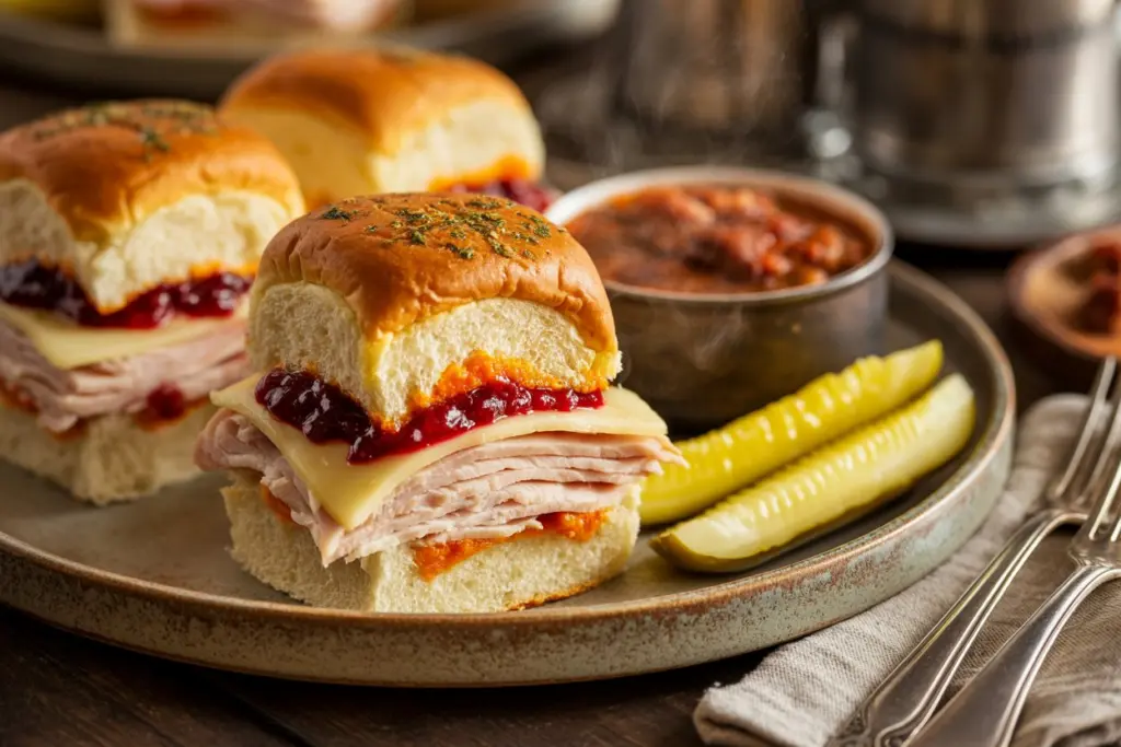 Served turkey sliders with chili and pickles