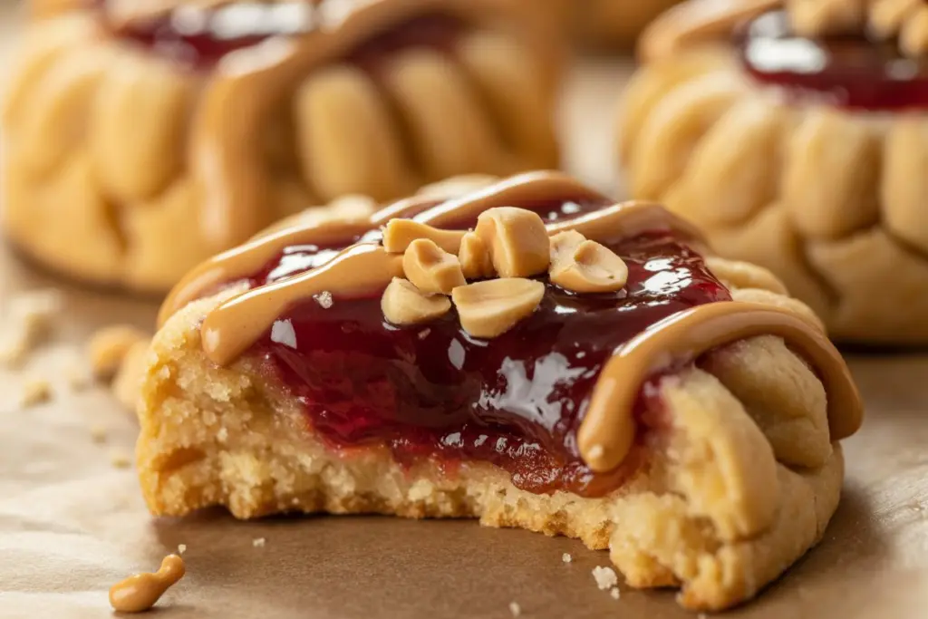 Peanut Butter and Jelly Cookies 9 peanut butter and jelly cookies drizzled with light brown peanut butter sauce