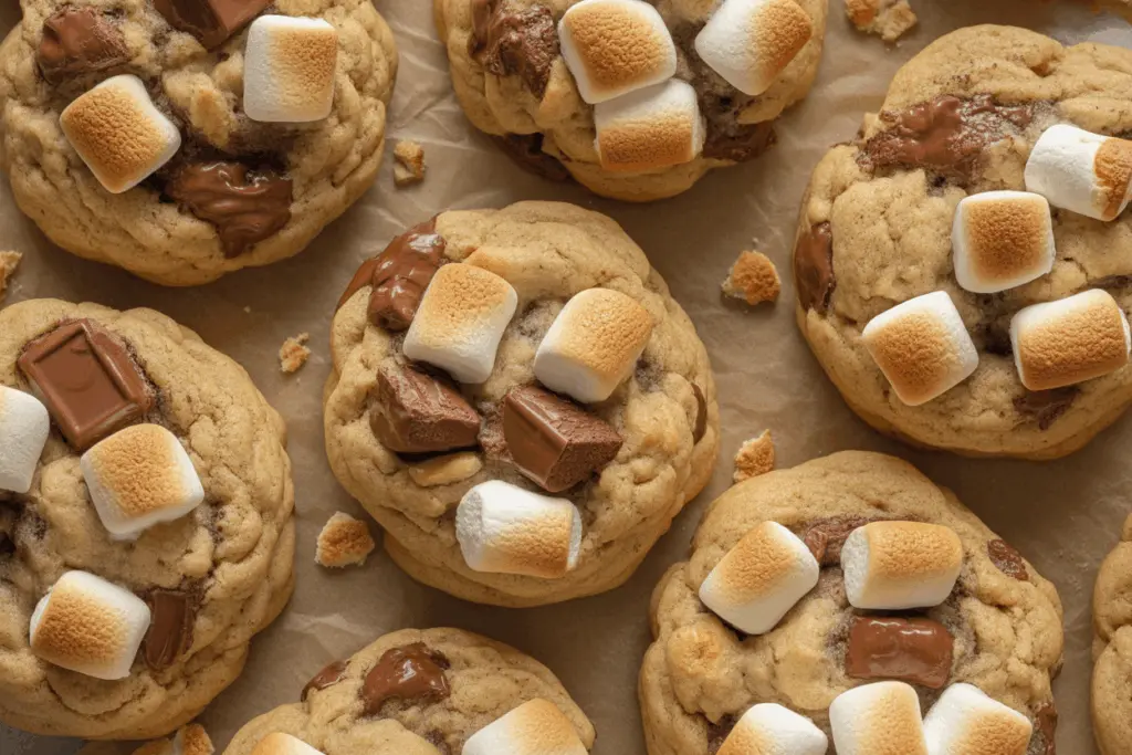 Pumpkin S'mores Cookies Recipe 2 Gooey pumpkin s'mores cookies on baking tray