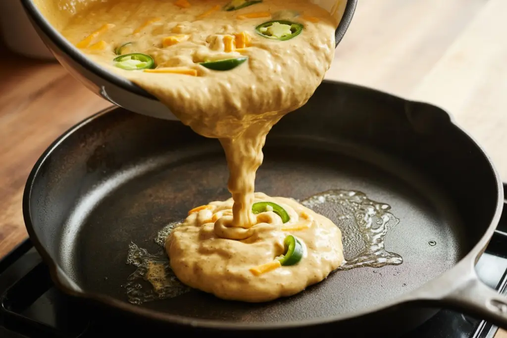 Jalapeño cornbread batter poured into skillet