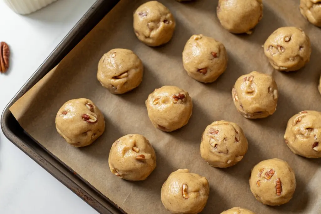Maple cookie dough balls on baking sheet