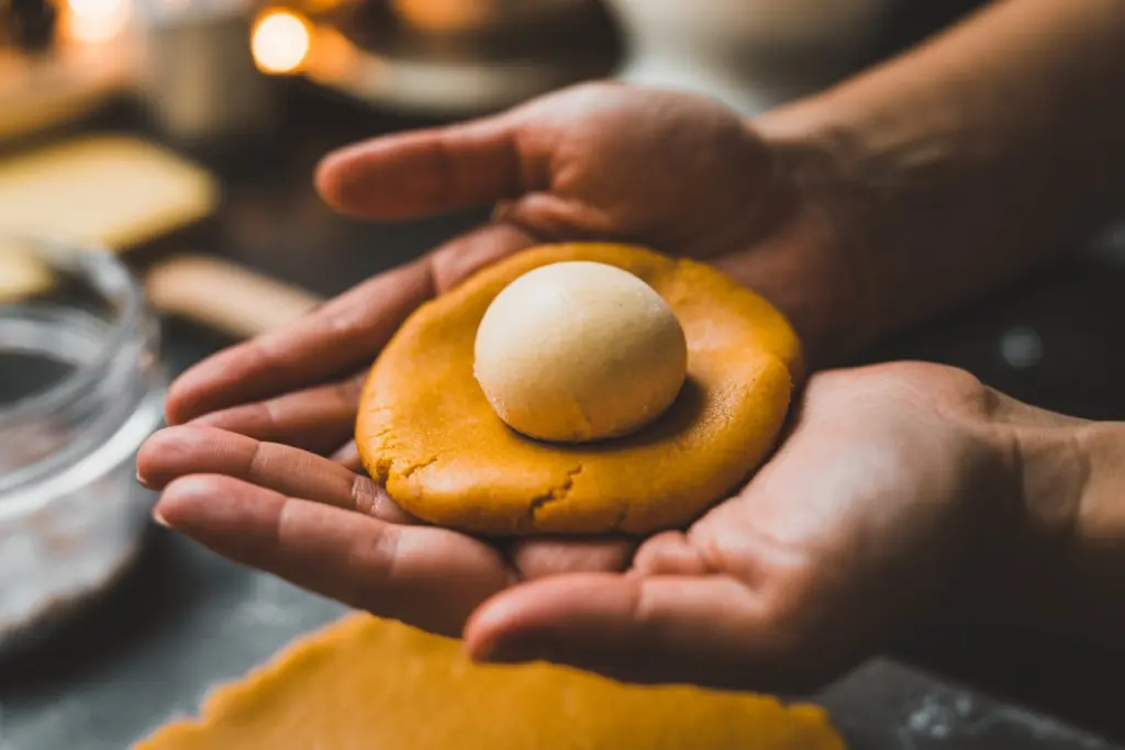 Filling pumpkin cookie dough with cheesecake center