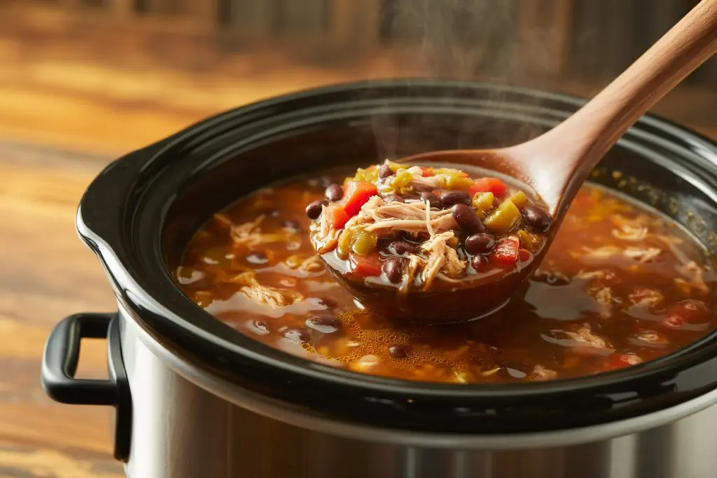 Slow Cooker Leftover Turkey Tortilla Soup (Thanksgiving Twist!) 5 Slow cooker bubbling with turkey tortilla soup