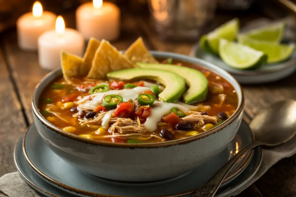 Slow Cooker Leftover Turkey Tortilla Soup (Thanksgiving Twist!) 6 Served bowl of turkey tortilla soup with toppings